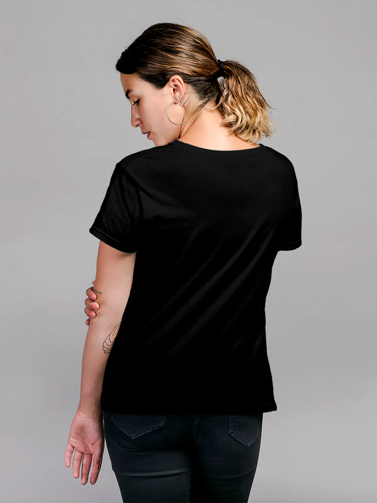 Back view of Fighterhero Women's Black Round Neck T-shirt, highlighting the modern look and clean finish