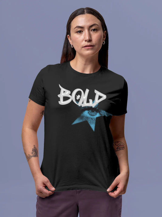 Fighterhero T-shirts: Model wearing Women's Dark Grey Round Neck T-shirt with 'Bold' design