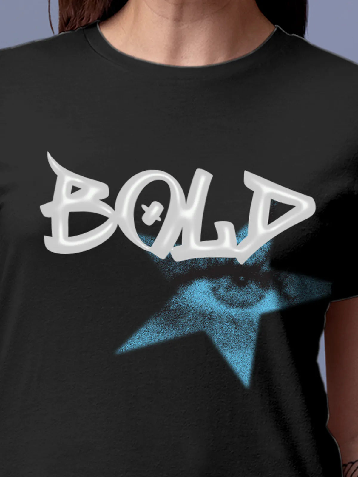 Close up of 'Bold' design on Women's Dark Grey Round Neck T-shirt, highlighting intricate details and vibrant print.