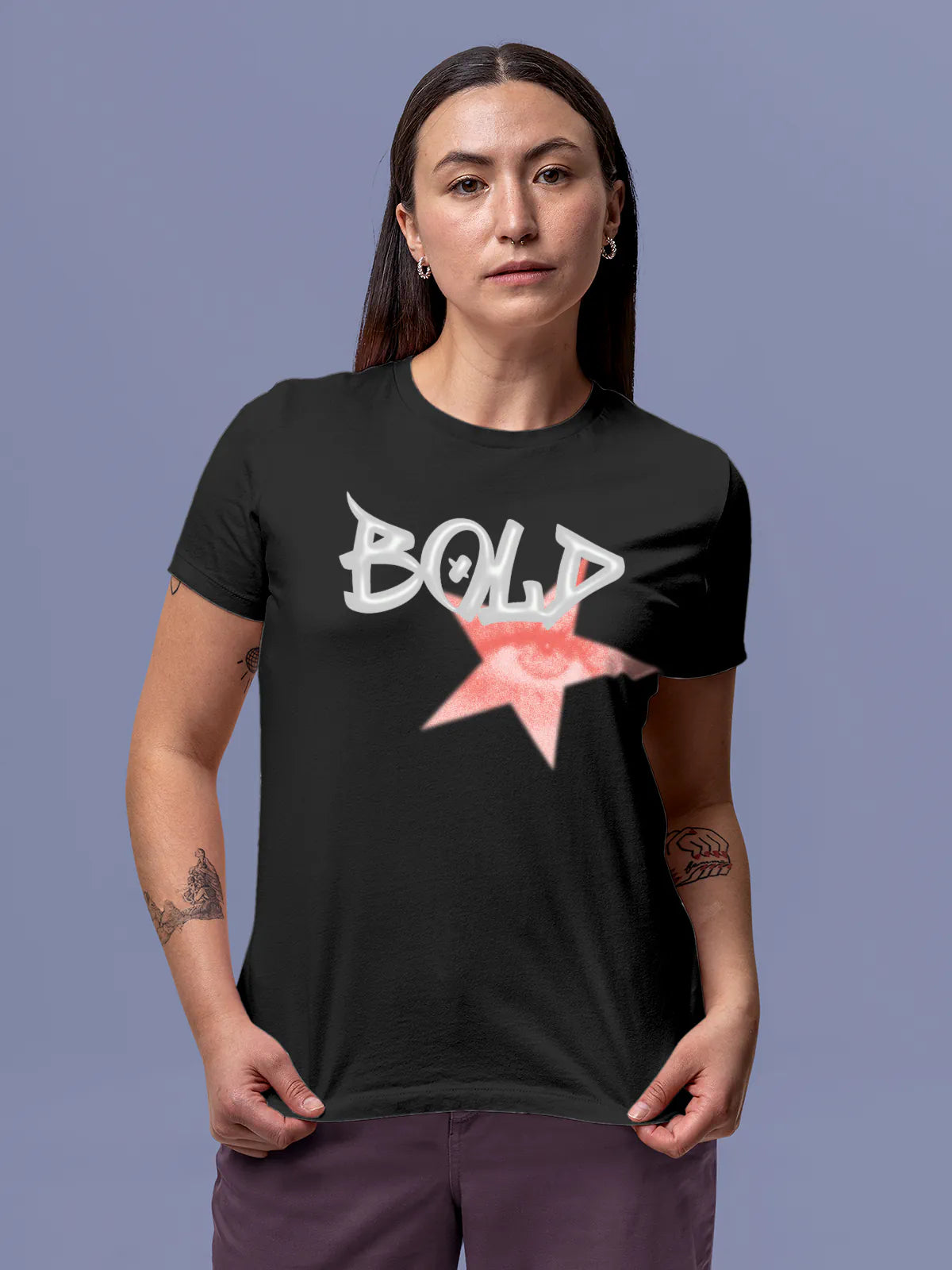 Model wearing Women's Dark Grey Round Neck T-shirt with 'Bold' design, offering effortless style and premium comfort