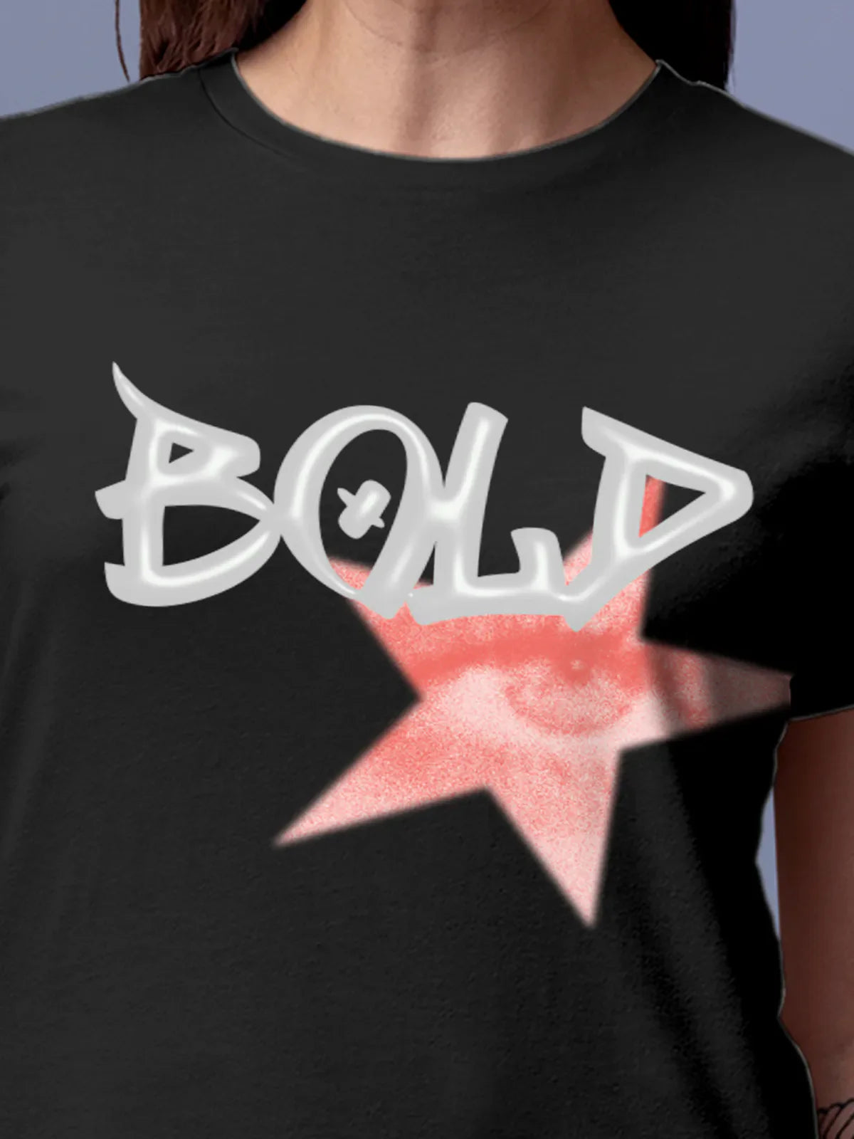 Close up of 'Bold' design on Women's Dark Grey Round Neck T-shirt, highlighting intricate details and vibrant print.