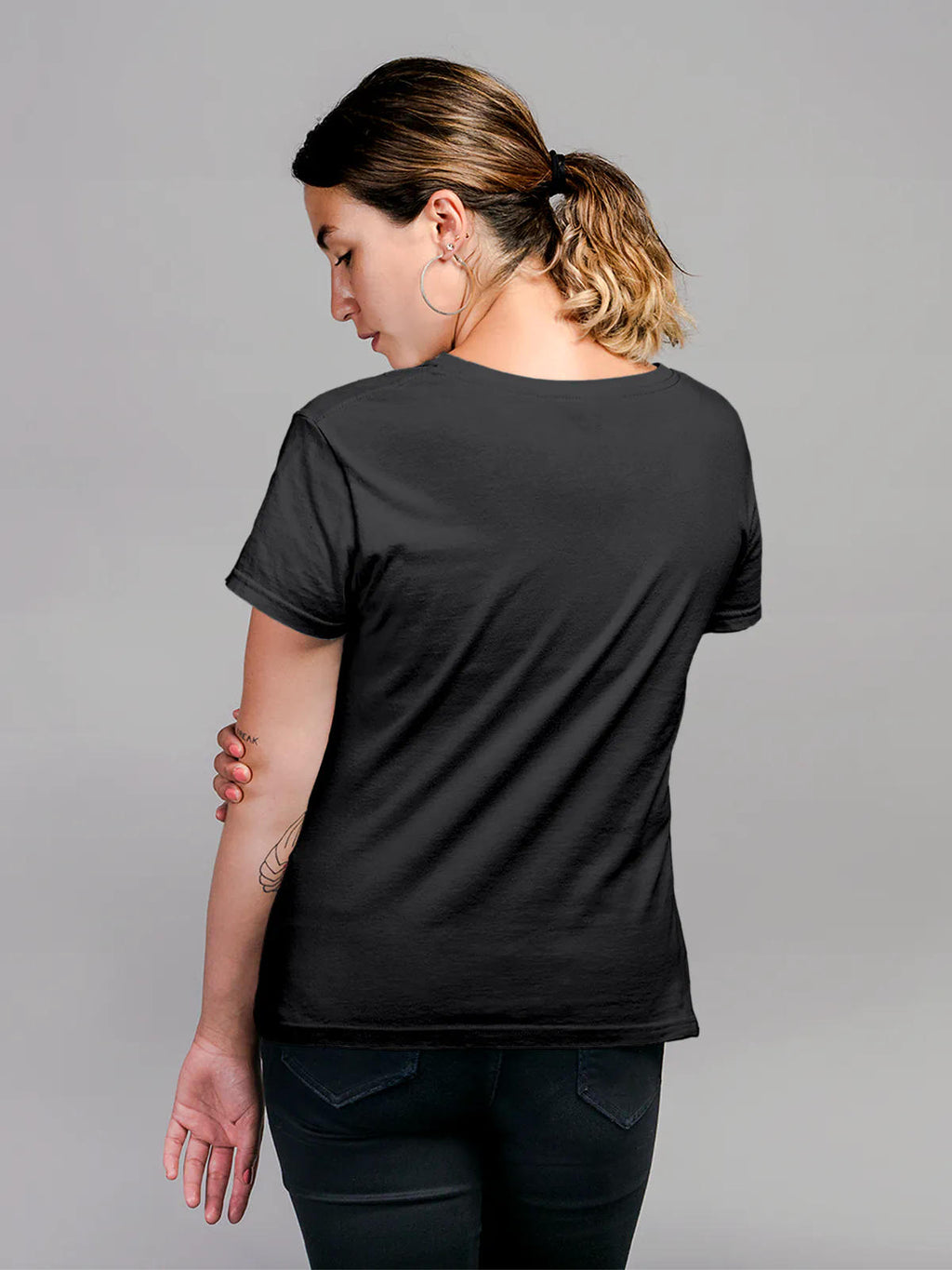 Back view of Fighterhero Women's Dark Grey Round Neck T-shirt, highlighting the modern look and clean finish