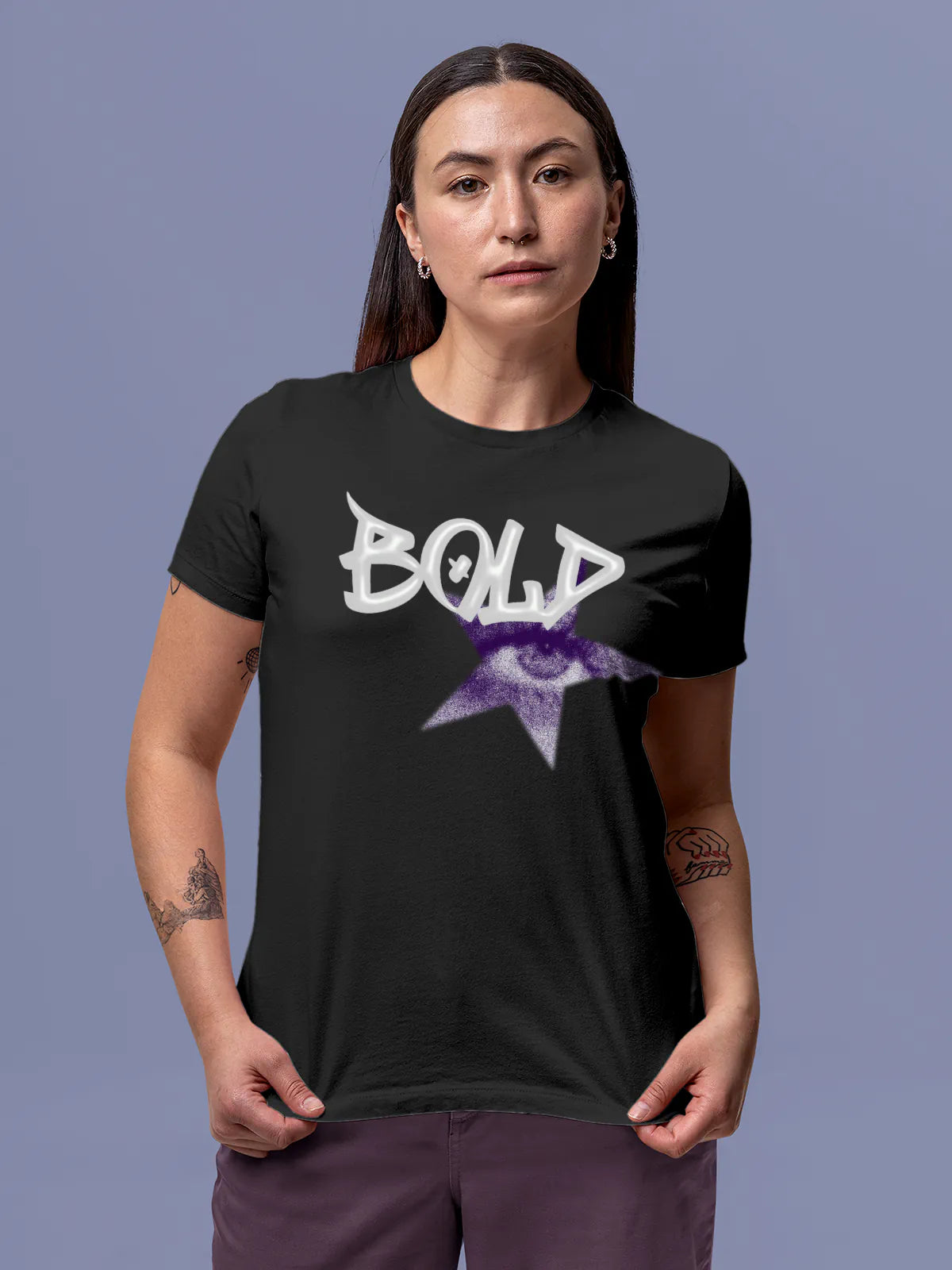 Model wearing Women's Dark Grey Round Neck T-shirt with 'Bold' design, offering effortless style and premium comfort