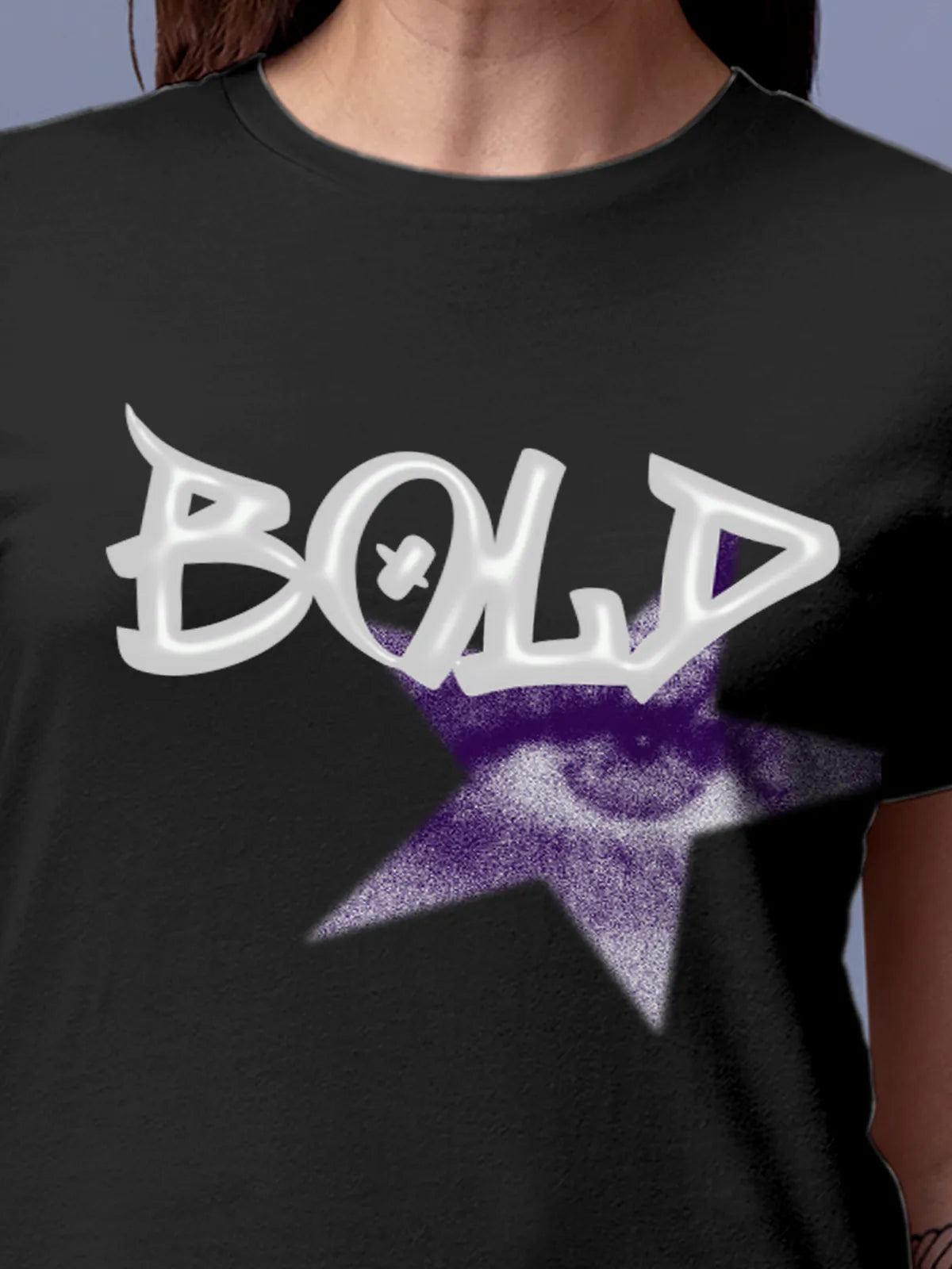 Close up of 'Bold' design on Women's Dark Grey Round Neck T-shirt, highlighting intricate details and vibrant print.