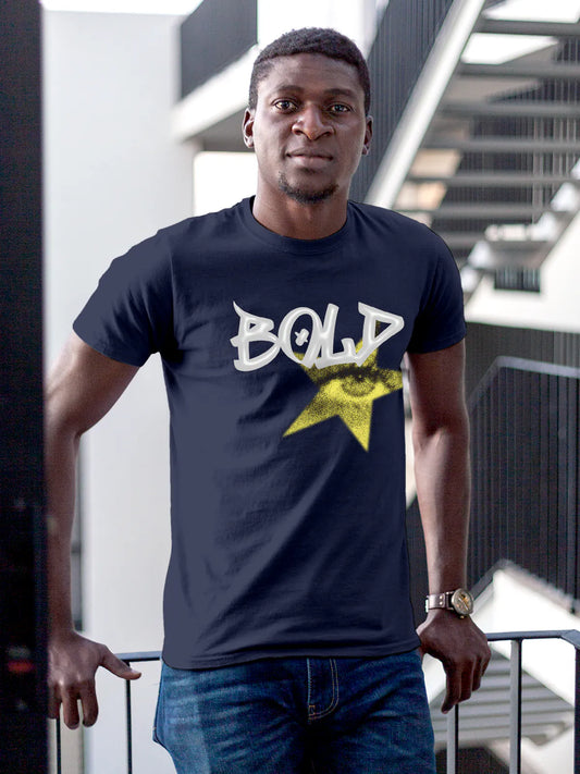 Fighterhero T-shirts: Model wearing Men's Navy Blue Round Neck T-shirt with 'Bold' design