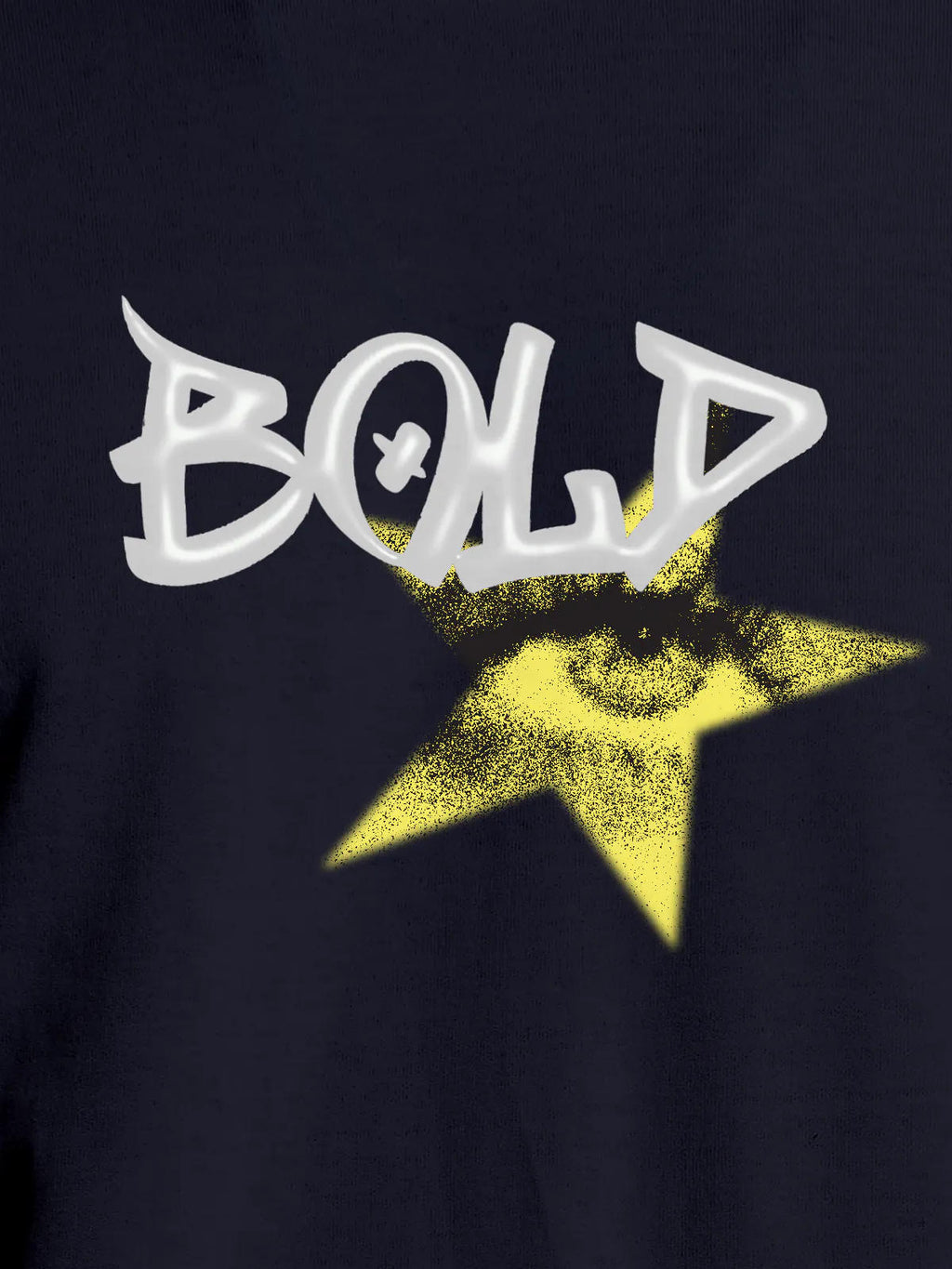 Close up of 'Bold' design on Men's Navy Blue Round Neck T-shirt, highlighting intricate details and vibrant print.