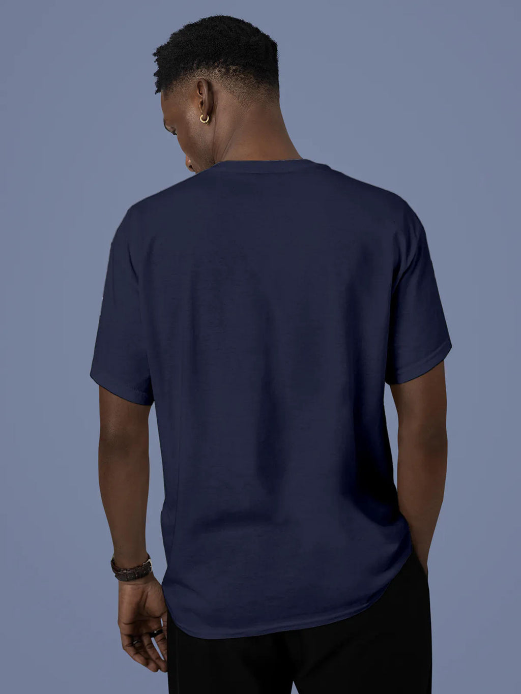 Back view of Fighterhero Men's Navy Blue Round Neck T-shirt, highlighting the modern look and clean finish