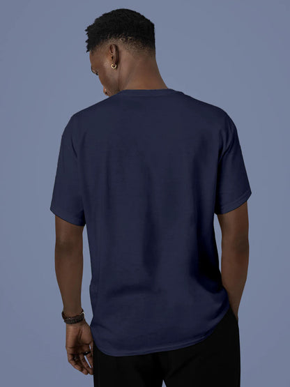 Back view of Fighterhero Men's Navy Blue Round Neck T-shirt, highlighting the modern look and clean finish
