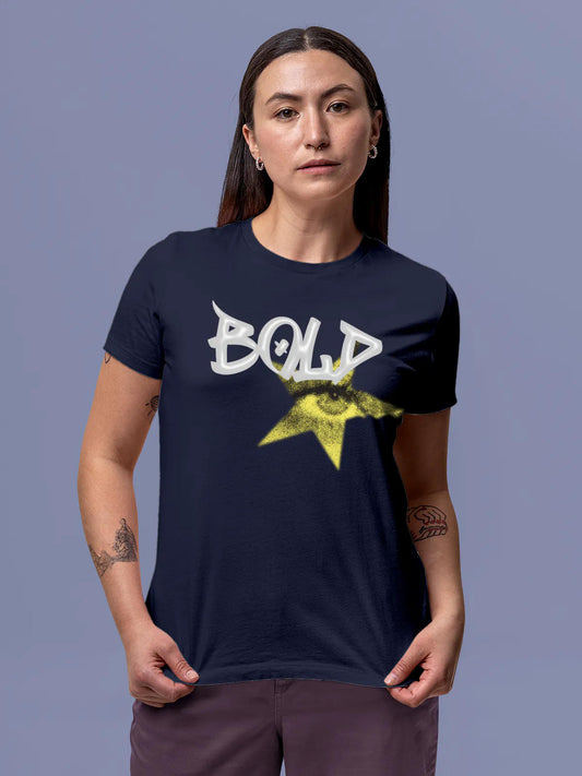 Model wearing Women's Navy Blue Round Neck T-shirt with 'Bold' design, offering effortless style and premium comfort