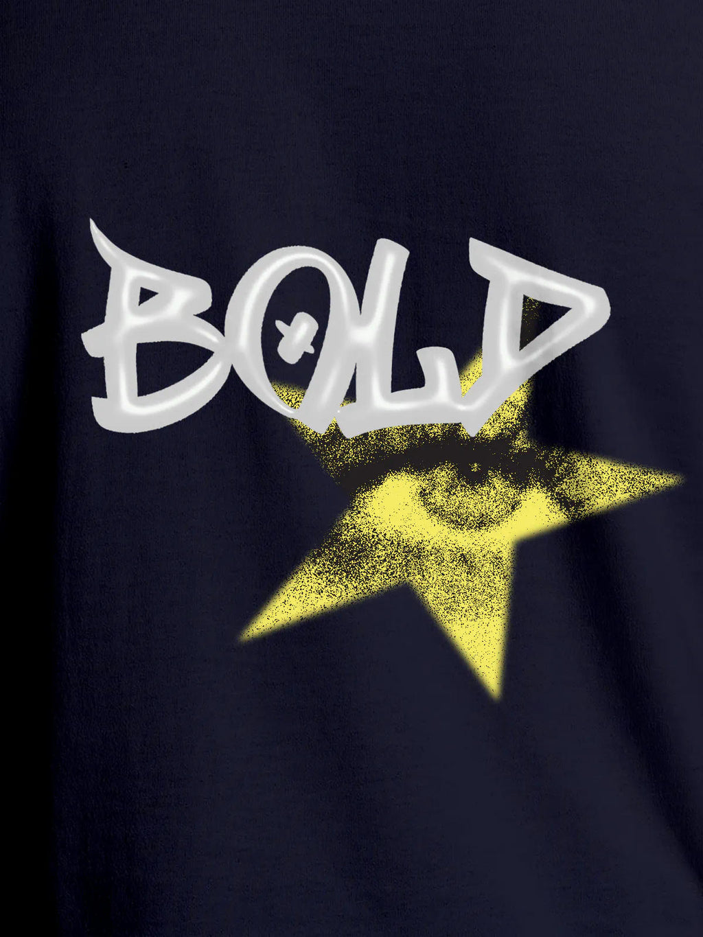 Close up of 'Bold' design on Women's Navy Blue Round Neck T-shirt, highlighting intricate details and vibrant print.