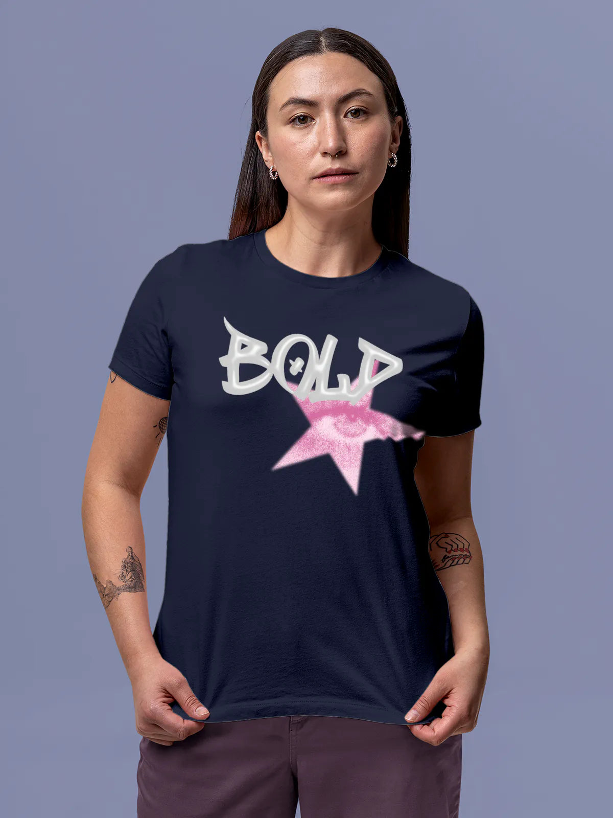 Model wearing Women's Navy Blue Round Neck T-shirt with 'Bold' design, offering effortless style and premium comfort