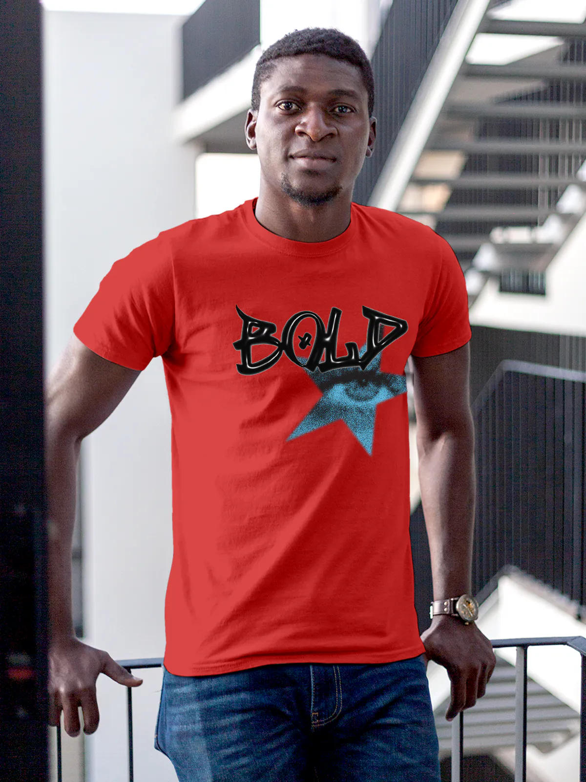 Model wearing Men's Red Round Neck T-shirt with 'Bold' design, offering effortless style and premium comfort