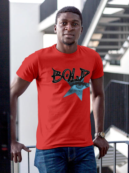 Model wearing Men's Red Round Neck T-shirt with 'Bold' design, offering effortless style and premium comfort