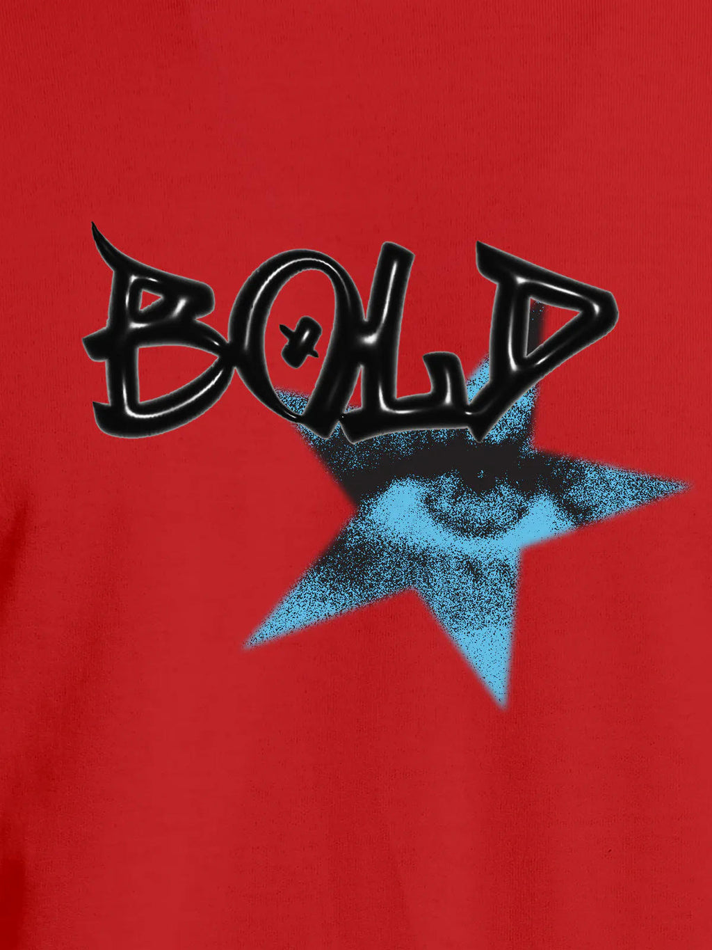 Close up of 'Bold' design on Men's Red Round Neck T-shirt, highlighting intricate details and vibrant print.