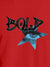 Close up of 'Bold' design on Men's Red Round Neck T-shirt, highlighting intricate details and vibrant print.