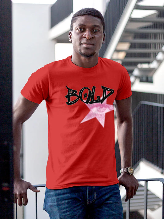 Fighterhero T-shirts: Model wearing Men's Red Round Neck T-shirt with 'Bold' design