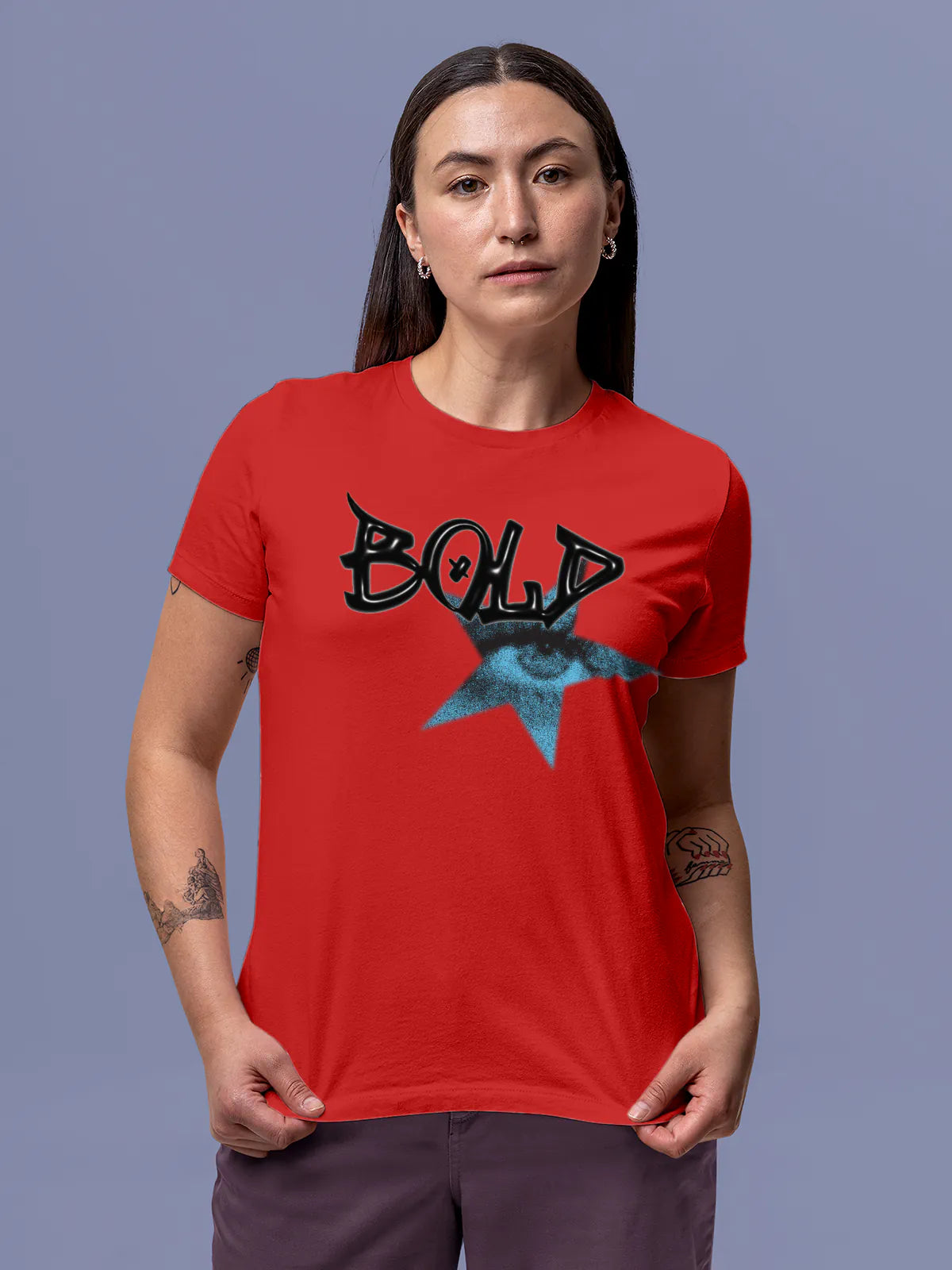 Model wearing Women's Red Round Neck T-shirt with 'Bold' design, offering effortless style and premium comfort