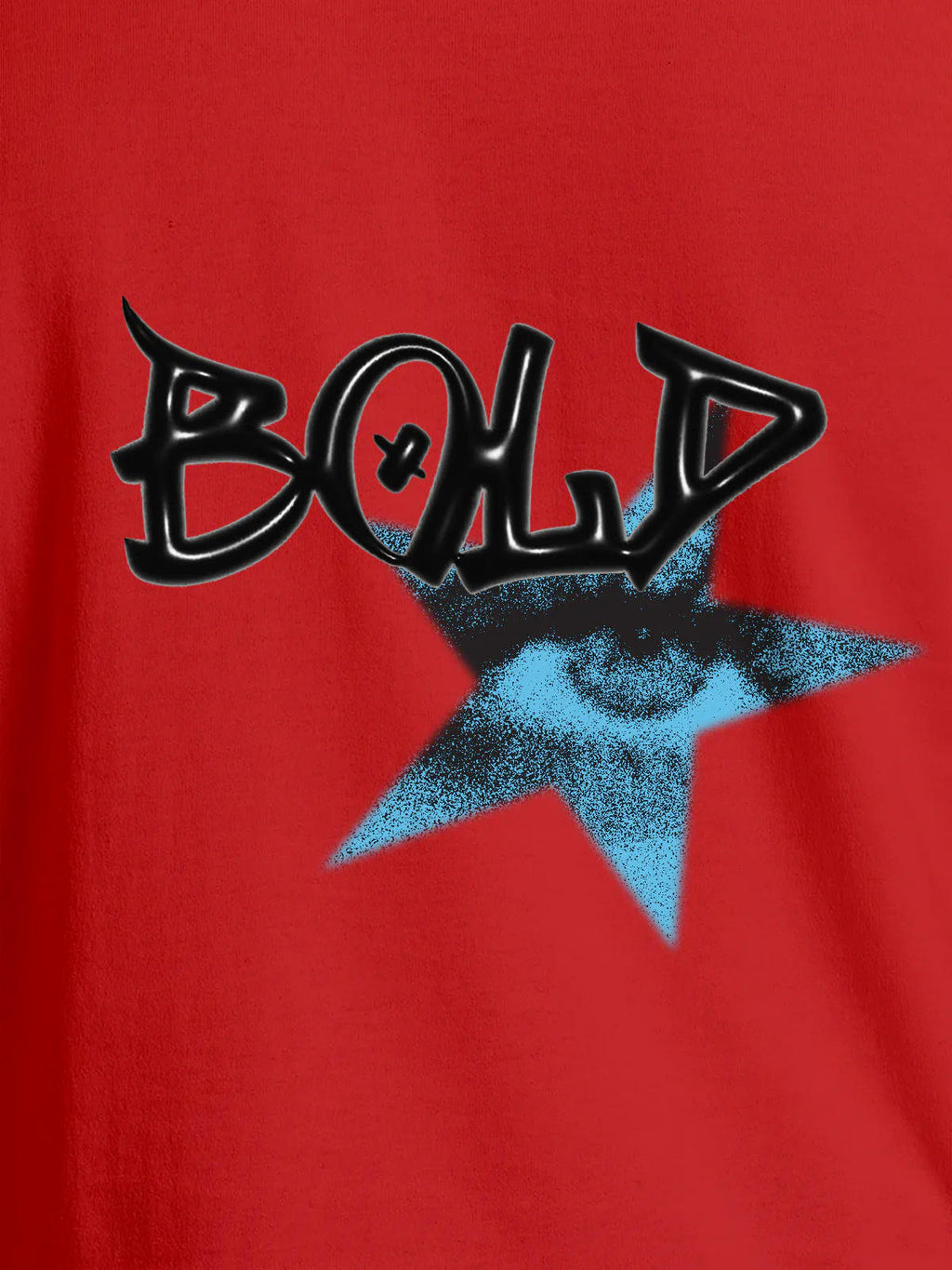Close up of 'Bold' design on Women's Red Round Neck T-shirt, highlighting intricate details and vibrant print.