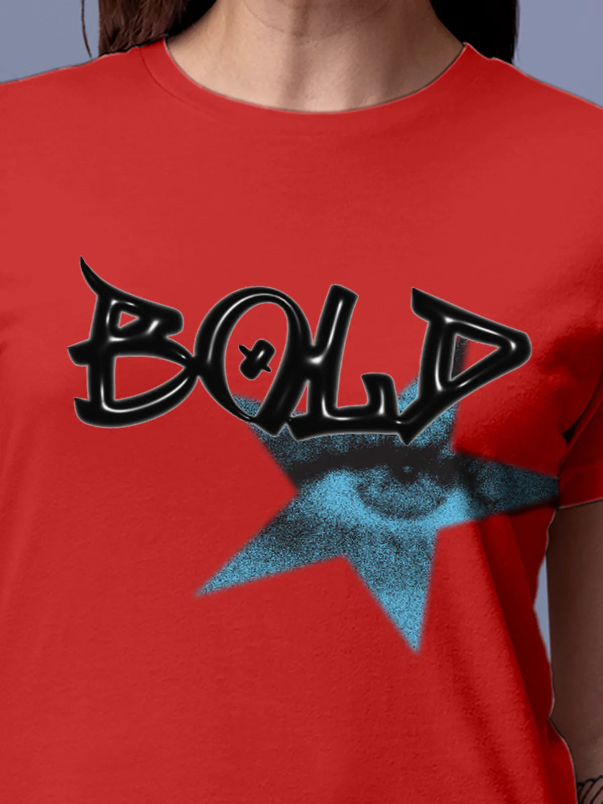 Close up of 'Bold' design on Women's Red Round Neck T-shirt, highlighting intricate details and vibrant print.