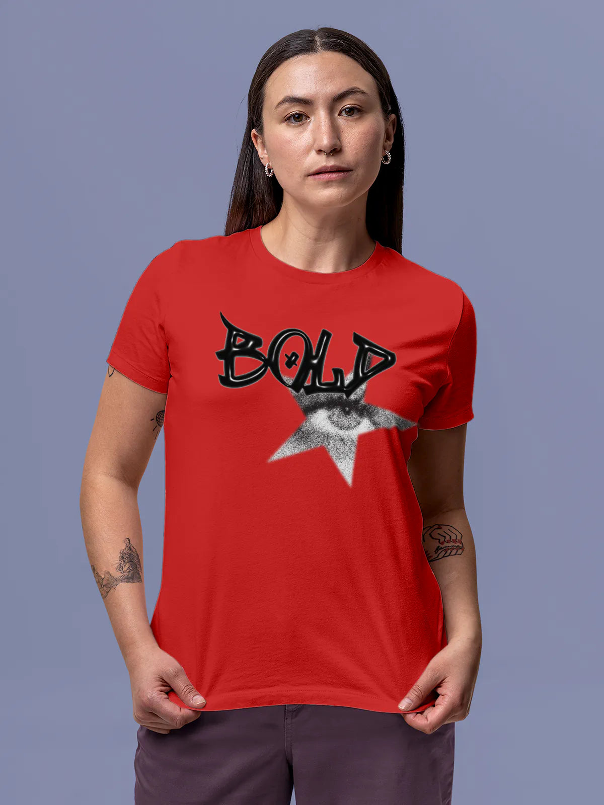 Model wearing Women's Red Round Neck T-shirt with 'Bold' design, offering effortless style and premium comfort