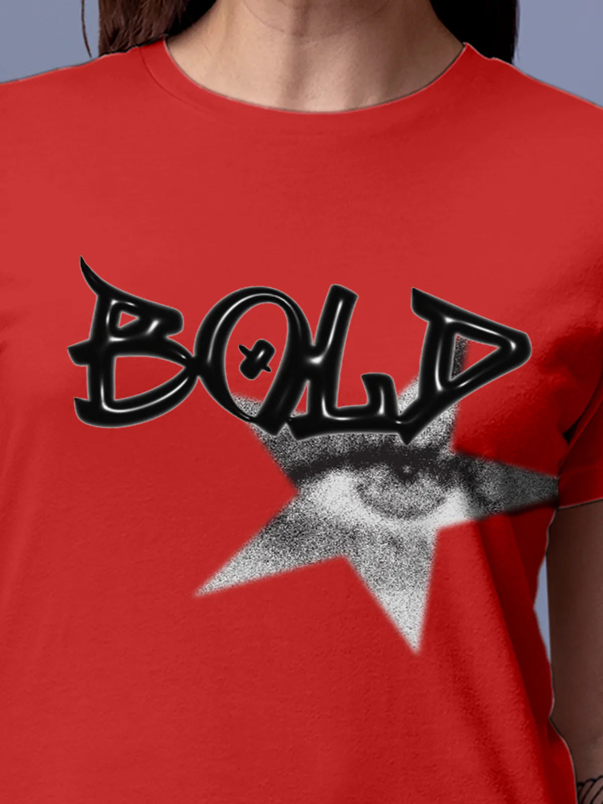 Close up of 'Bold' design on Women's Red Round Neck T-shirt, highlighting intricate details and vibrant print.