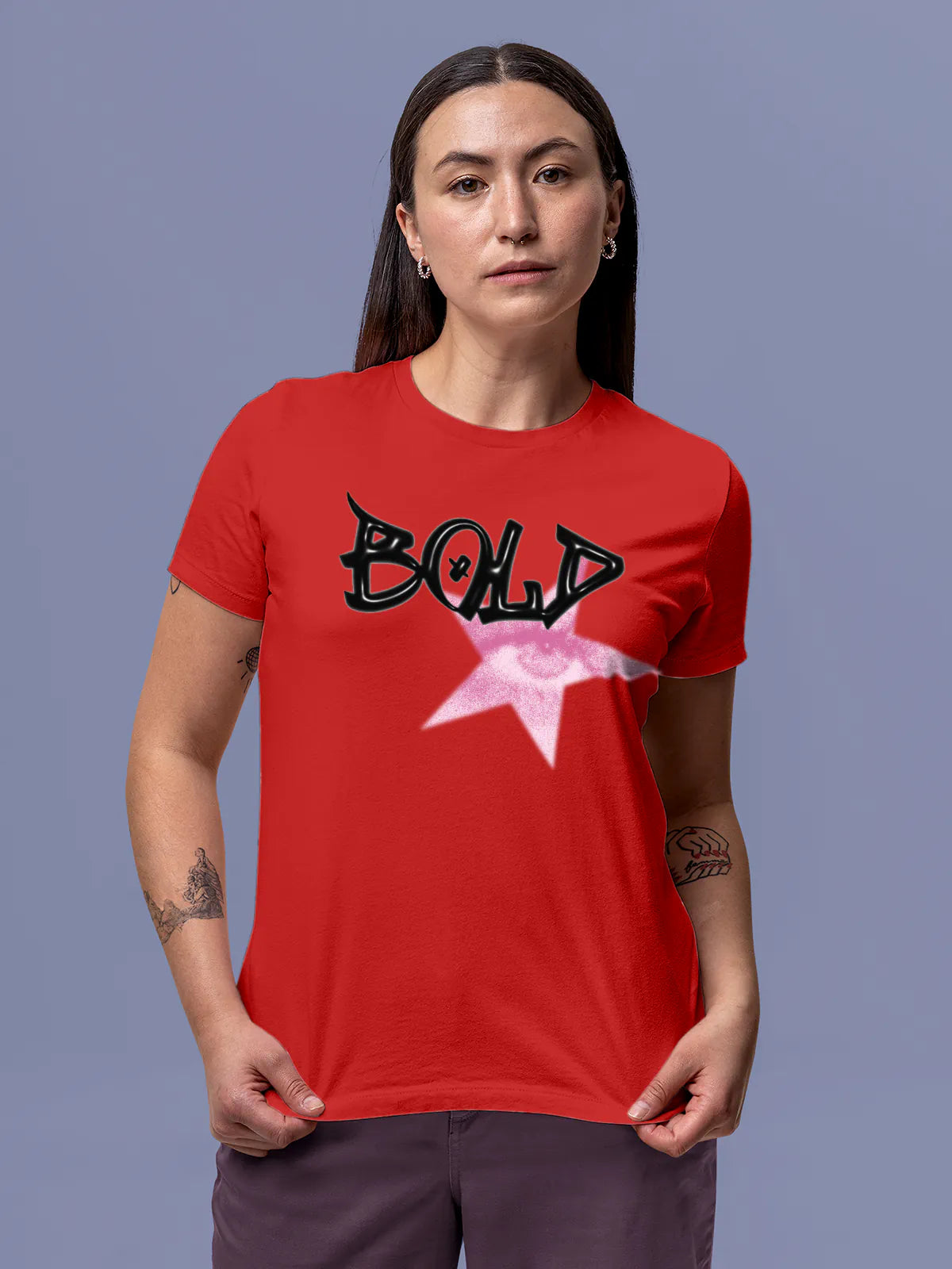 Model wearing Women's Red Round Neck T-shirt with 'Bold' design, offering effortless style and premium comfort