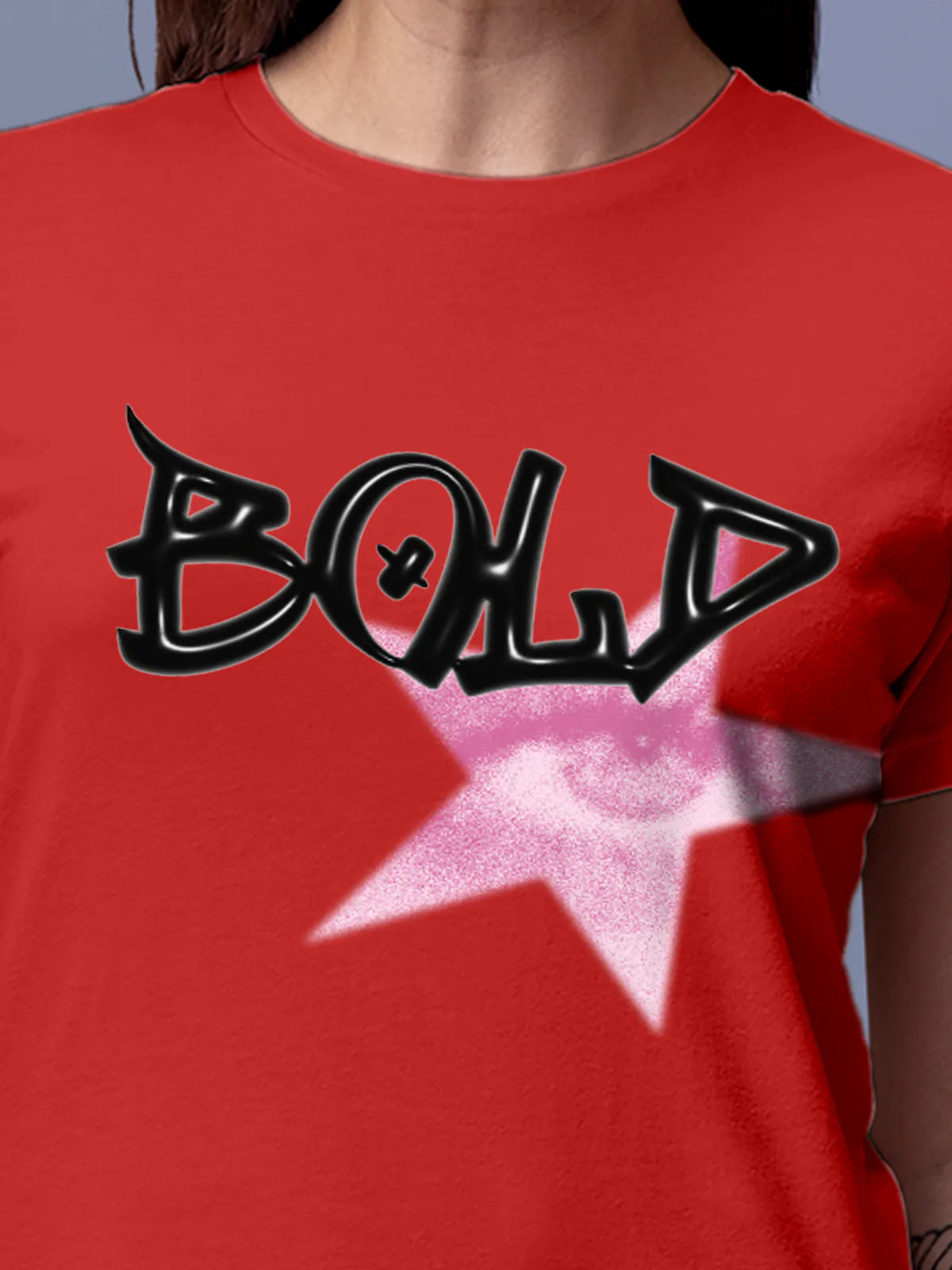 Close up of 'Bold' design on Women's Red Round Neck T-shirt, highlighting intricate details and vibrant print.