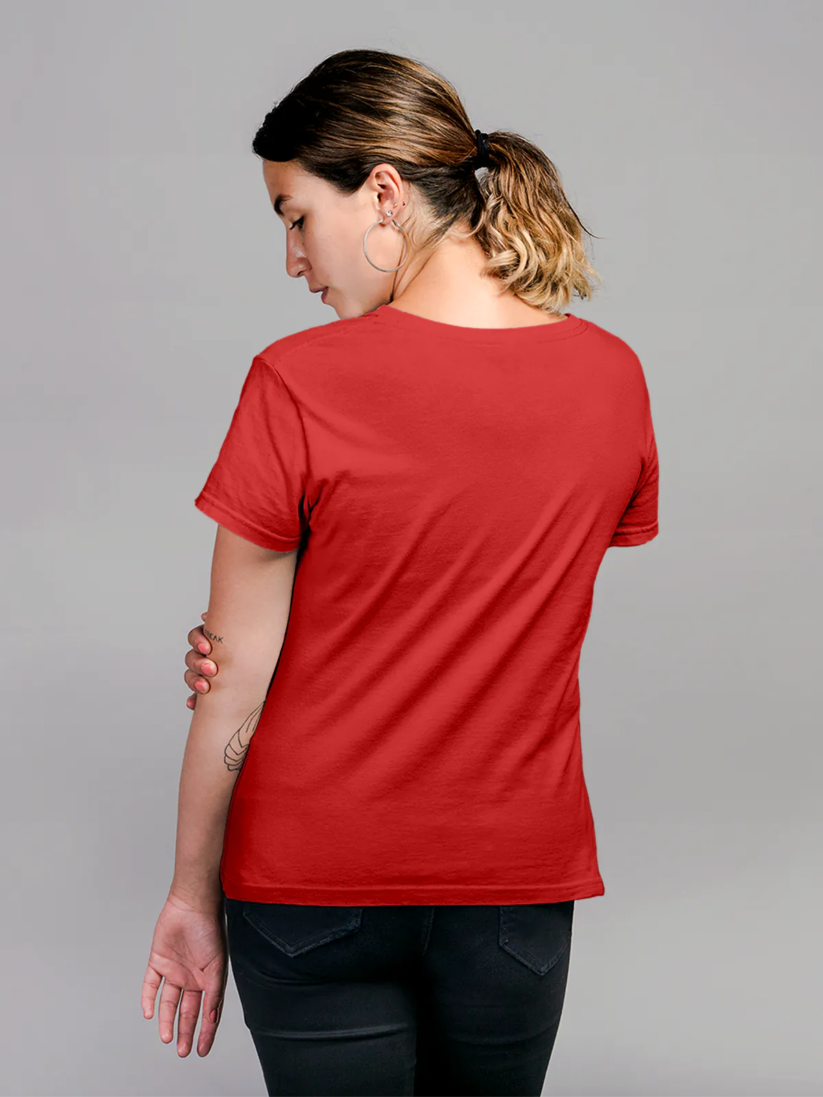 Back view of Fighterhero Women's Red Round Neck T-shirt, highlighting the modern look and clean finish