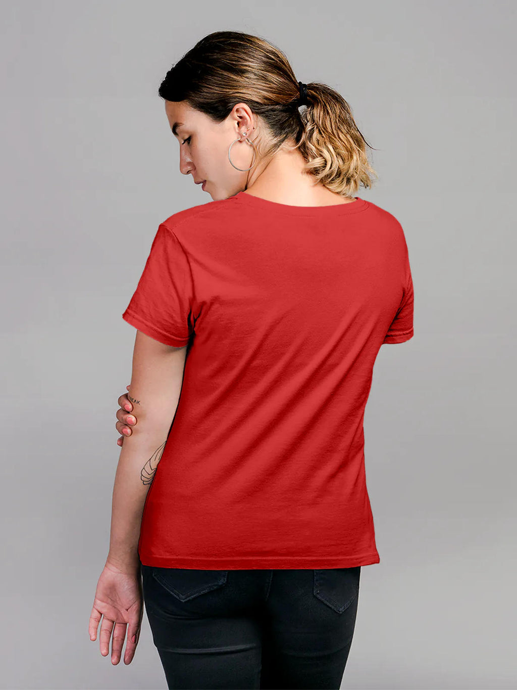 Back view of Fighterhero Women's Red Round Neck T-shirt, highlighting the modern look and clean finish