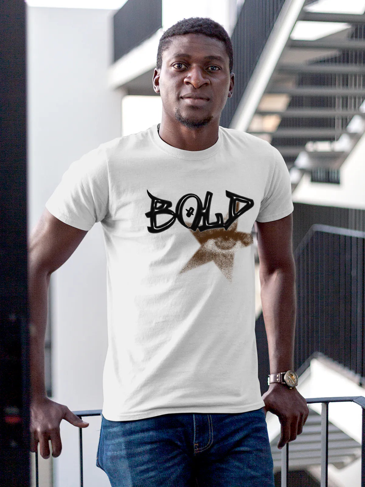 Model wearing Men's White Round Neck T-shirt with 'Bold' design, offering effortless style and premium comfort
