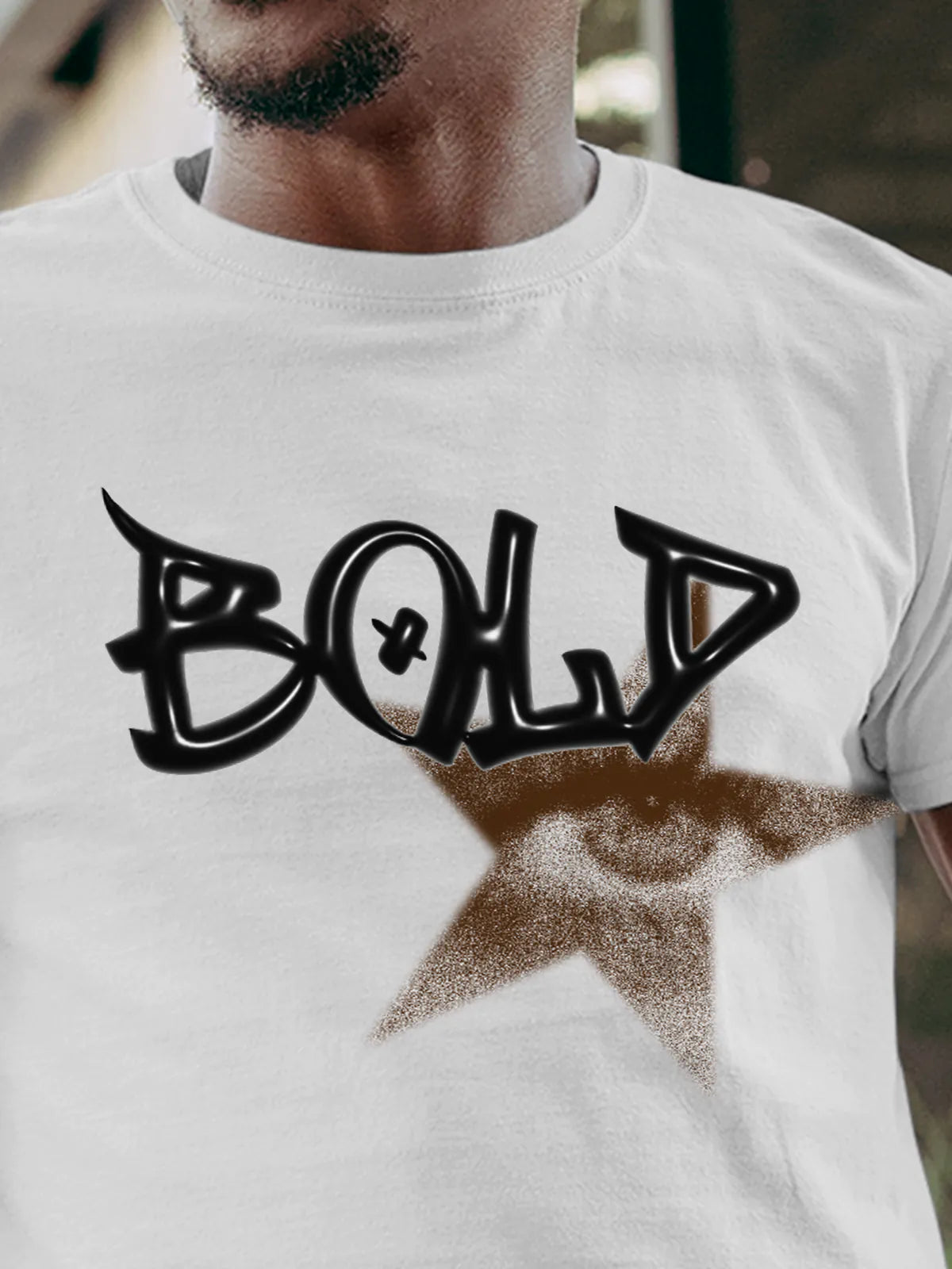 Close up of 'Bold' design on Men's White Round Neck T-shirt, highlighting intricate details and vibrant print.