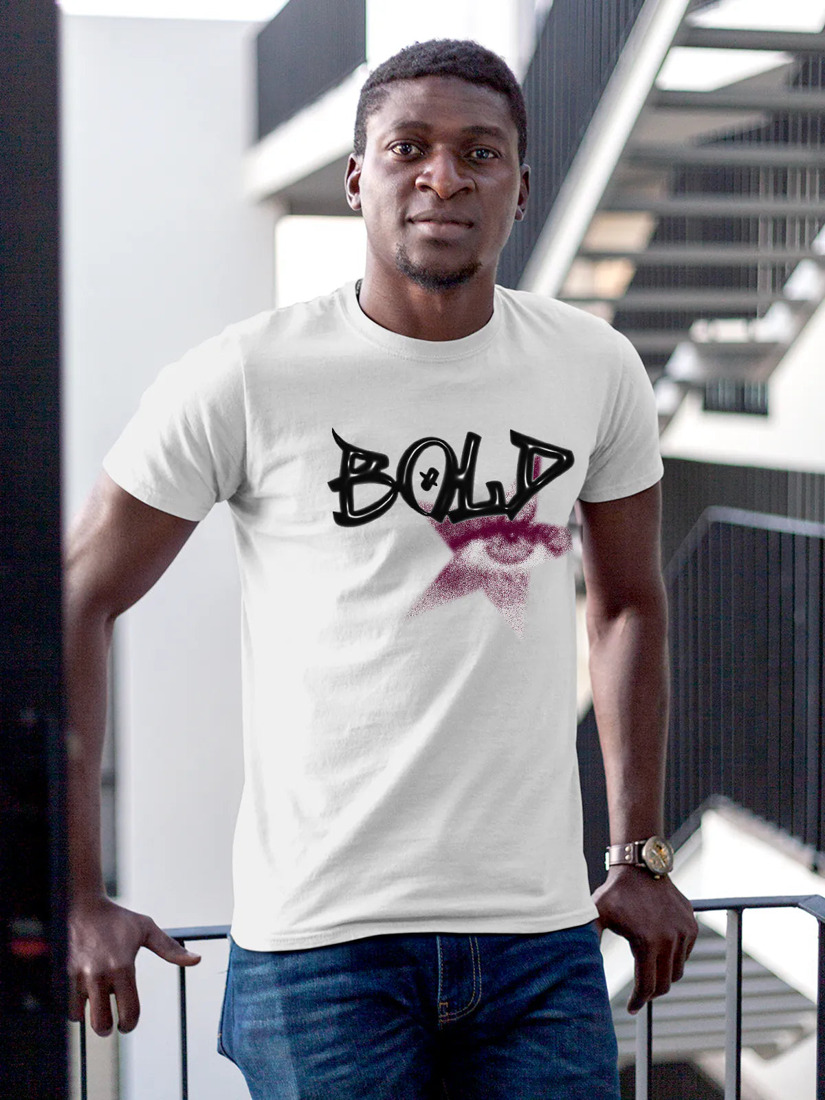 Model wearing Men's White Round Neck T-shirt with 'Bold' design, offering effortless style and premium comfort
