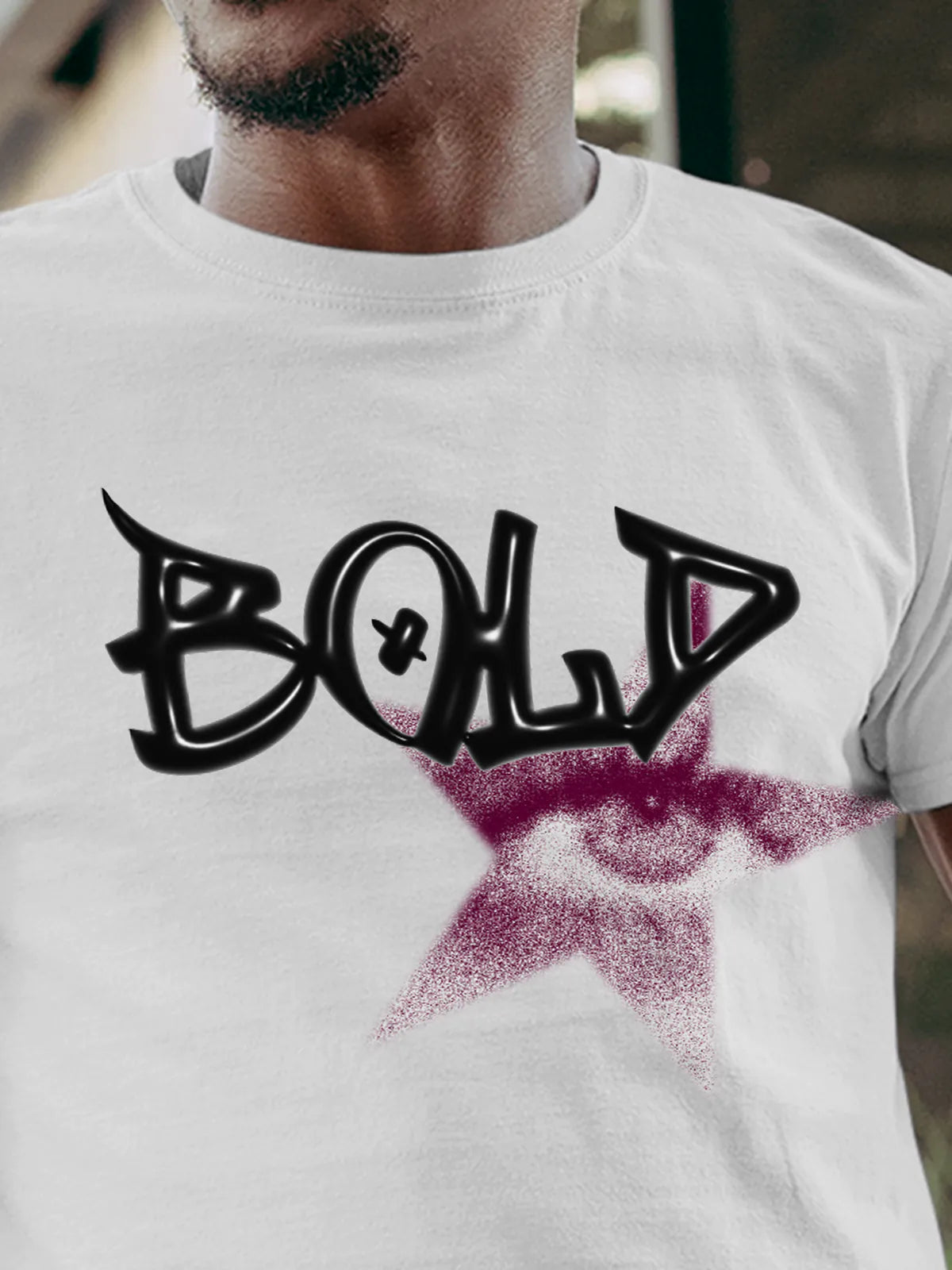 Close up of 'Bold' design on Men's White Round Neck T-shirt, highlighting intricate details and vibrant print.