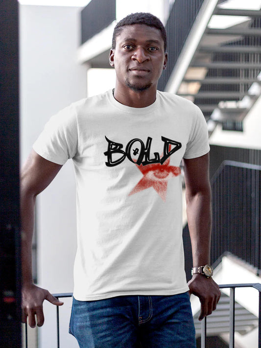 Model wearing Men's White Round Neck T-shirt with 'Bold' design, offering effortless style and premium comfort