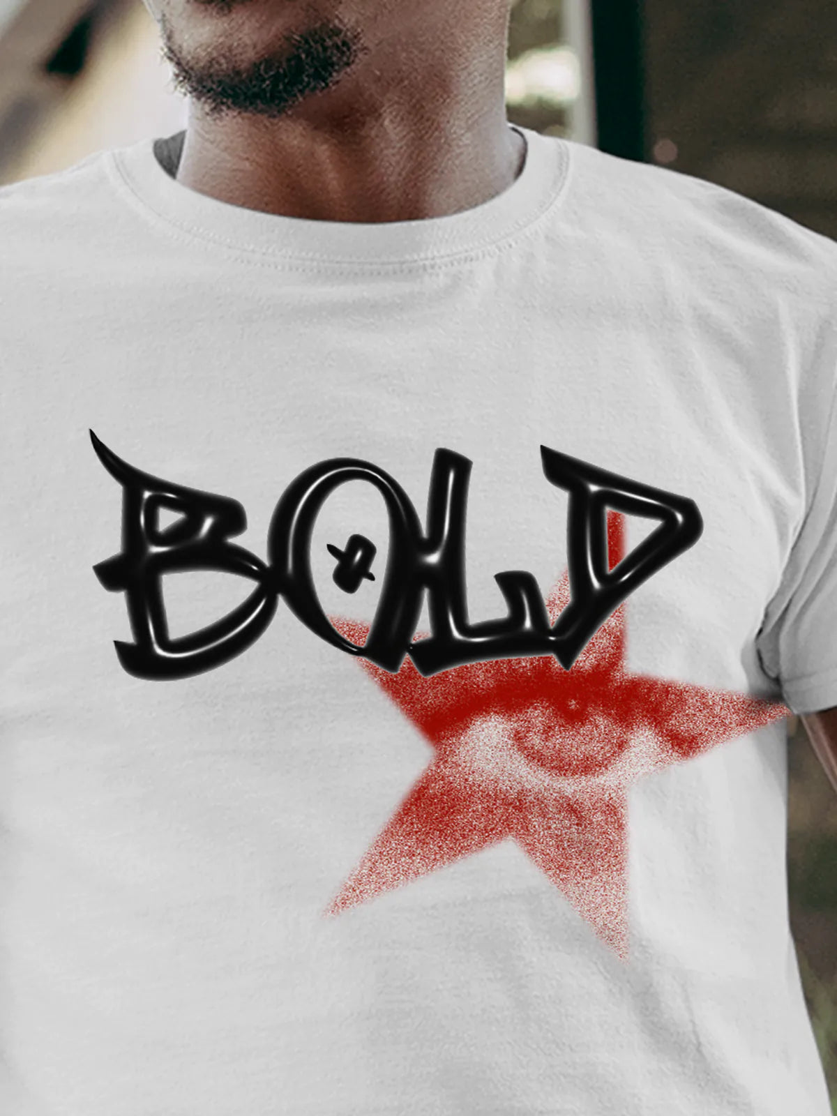Close up of 'Bold' design on Men's White Round Neck T-shirt, highlighting intricate details and vibrant print.