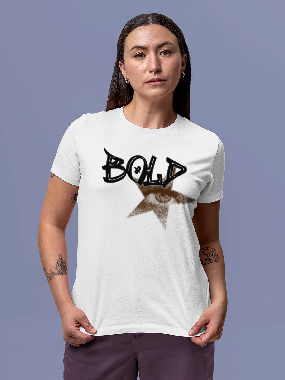 Model wearing Women's White Round Neck T-shirt with 'Bold' design, offering effortless style and premium comfort