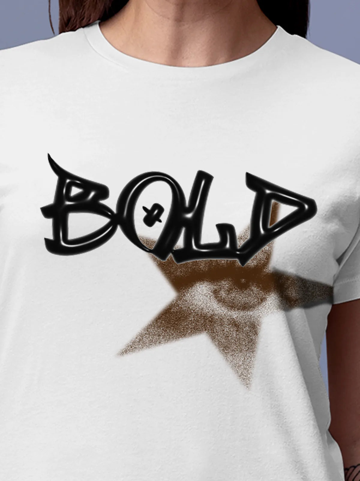 Close up of 'Bold' design on Women's White Round Neck T-shirt, highlighting intricate details and vibrant print.