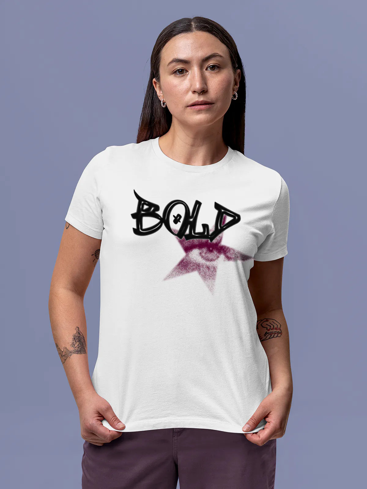 Model wearing Women's White Round Neck T-shirt with 'Bold' design, offering effortless style and premium comfort