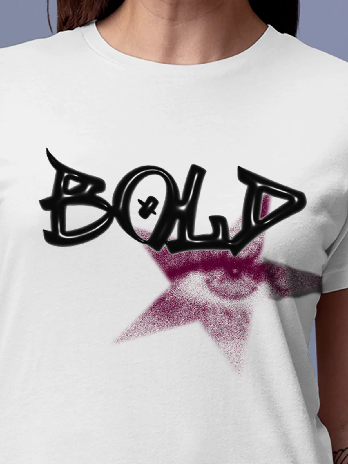 Close up of 'Bold' design on Women's White Round Neck T-shirt, highlighting intricate details and vibrant print.