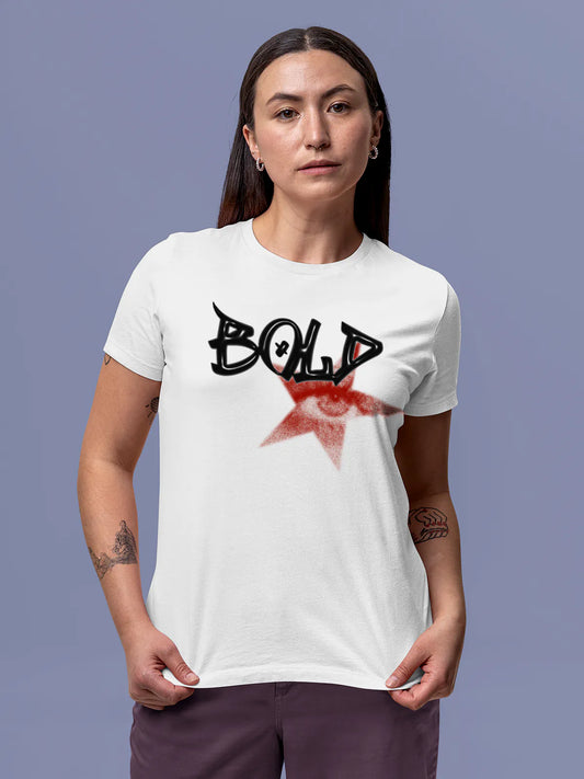 Fighterhero T-shirts: Model wearing Women's White Round Neck T-shirt with 'Bold' design