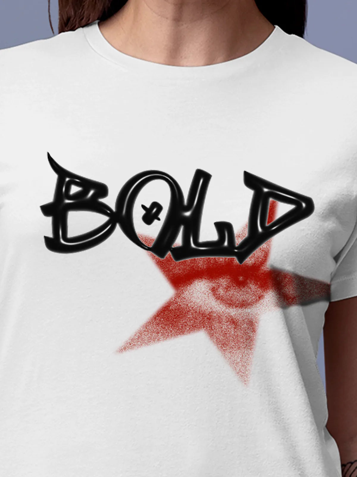 Close up of 'Bold' design on Women's White Round Neck T-shirt, highlighting intricate details and vibrant print.