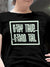 Close up of 'Stay True Stand Tall' design on Women's Black Round Neck T-shirt, highlighting intricate details and vibrant print.