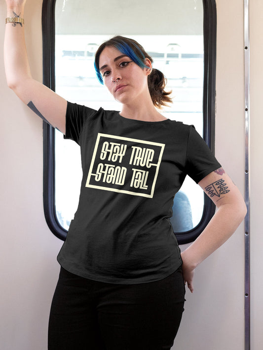 Fighterhero T-shirts: Model wearing Women's Dark Grey Round Neck T-shirt with 'Stay True Stand Tall' design