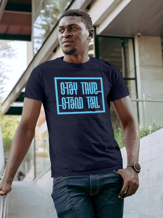 Fighterhero T-shirts: Model wearing Men's Navy Blue Round Neck T-shirt with 'Stay True Stand Tall' design