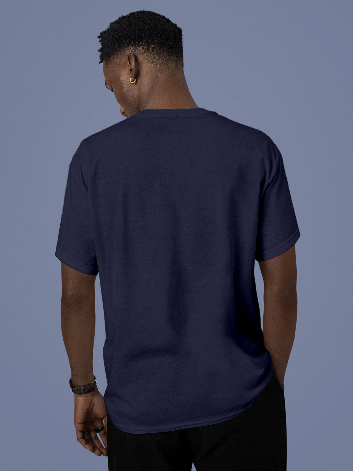 Back view of Fighterhero Men's Navy Blue Round Neck T-shirt, highlighting the modern look and clean finish