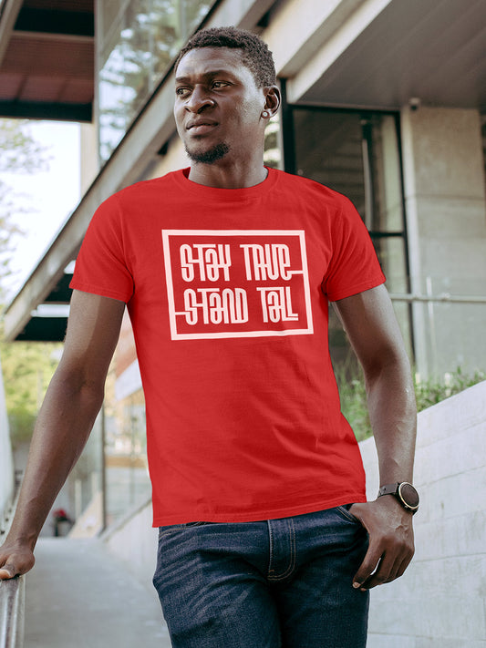 Fighterhero T-shirts: Model wearing Men's Red Round Neck T-shirt with 'Stay True Stand Tall' design