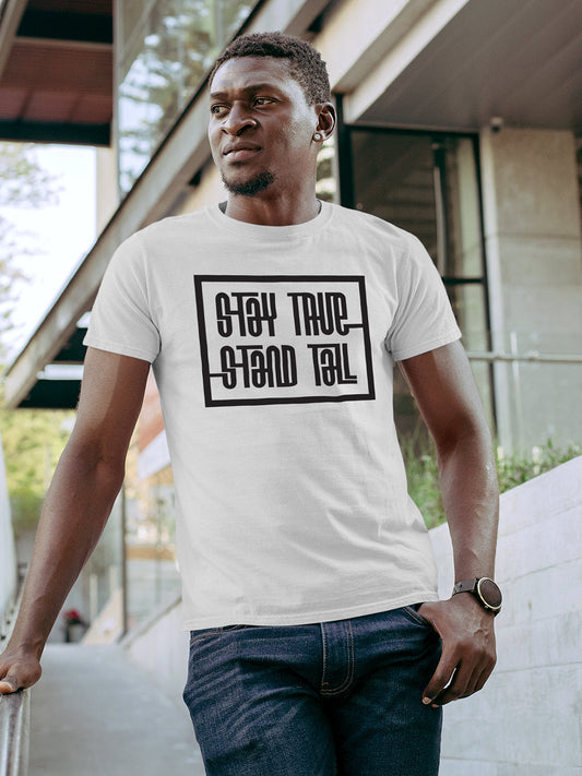 Fighterhero T-shirts: Model wearing Men's White Round Neck T-shirt with 'Stay True Stand Tall' design