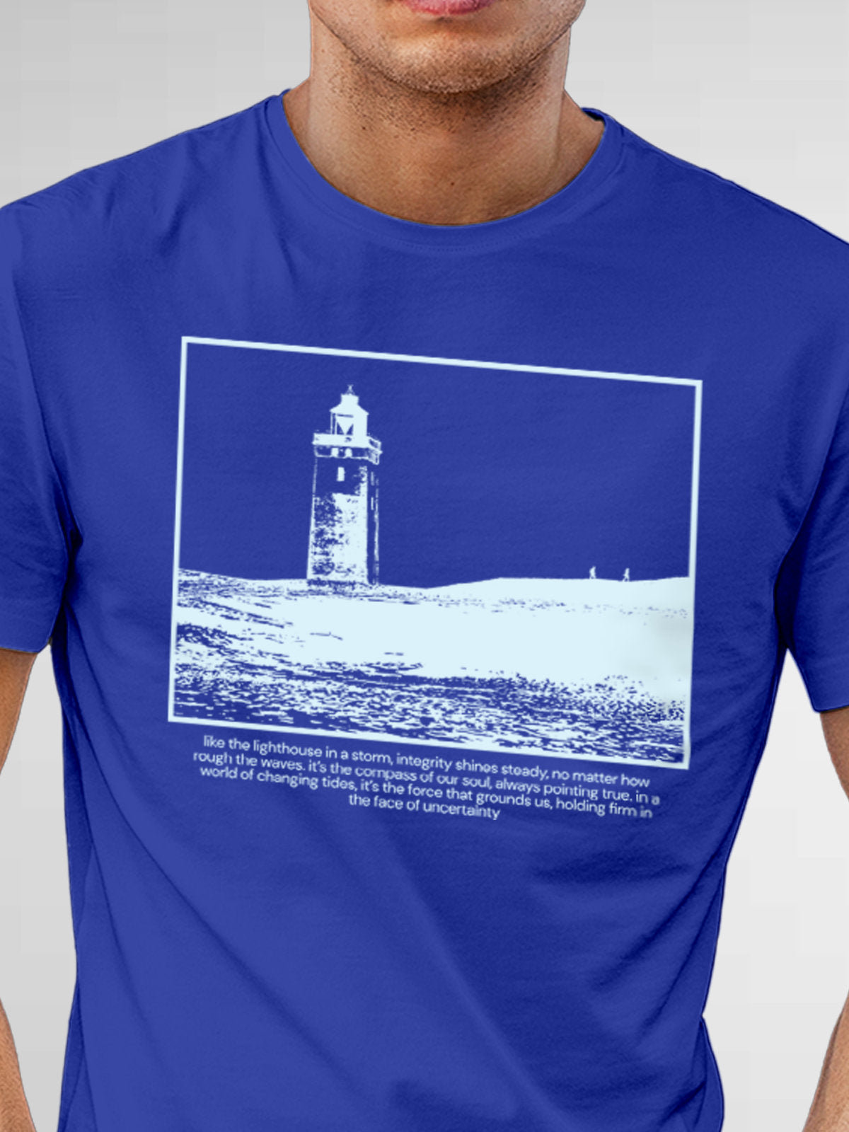 Close up of 'Show The Way' design on Men's Blue Round Neck T-shirt, highlighting intricate details and vibrant print.