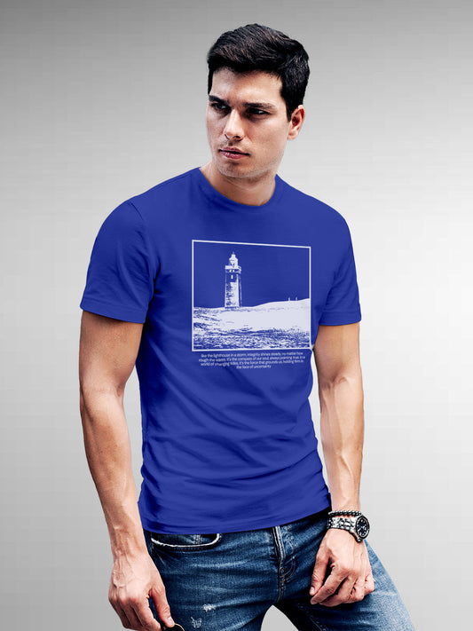 Fighterhero T-shirts: Model wearing Men's Blue Round Neck T-shirt with 'Show The Way' design