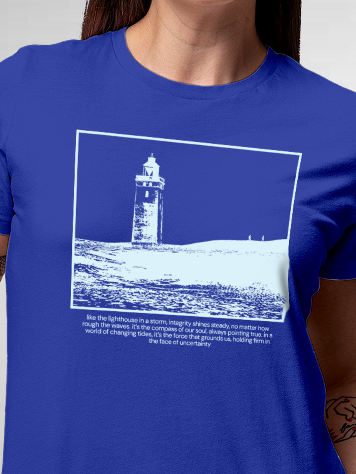 Close up of 'Show The Way' design on Women's Blue Round Neck T-shirt, highlighting intricate details and vibrant print.